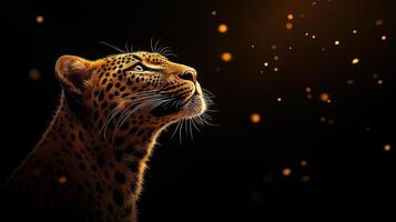 majestic leopard gazes upward, illuminated by soft golden light and surrounded by shimmering particles, creating captivating and serene atmosphere photo