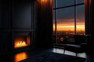 modern living room with cozy fireplace, large windows showcasing sunset view, and elegant dark decor creates warm and inviting atmosphere photo