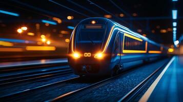 High speed train in motion with vibrant blue and orange lights, creating dynamic atmosphere at night. scene captures essence of modern transportation photo