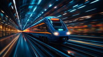 High speed train in motion with blue exterior, creating dynamic blur effect. scene captures essence of speed and modern transportation photo
