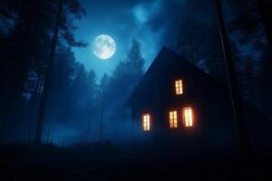spooky haunted house illuminated by glowing windows under full moon, surrounded by fog and tall trees, creates eerie atmosphere photo