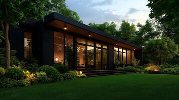Modern house exterior with large windows, lush greenery, and evening lighting, showcasing blend of nature and contemporary architecture photo