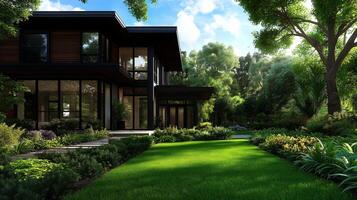 Modern house surrounded by lush greenery and vibrant gardens, showcasing harmonious blend of architecture and nature. scene evokes tranquility and elegance photo