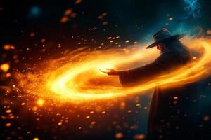 wizard casting fireball spell with swirling flames and magical energy. scene is vibrant and mystical, showcasing power of magic in dark, enchanting atmosphere photo