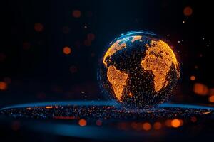 digital Earth hologram with glowing orange continents and dark background, showcasing futuristic design. hologram appears to float above podium, surrounded by shimmering particles photo