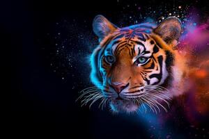 Colorful illustration of vibrant tiger with striking features, set against dark background with splashes of color. artwork captures majestic essence of this wild animal photo