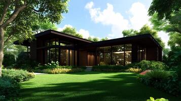 Modern house surrounded by lush greenery and vibrant flowers, showcasing large windows and sleek design. sunlight creates warm and inviting atmosphere photo