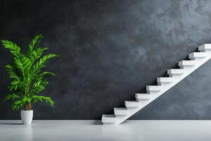 modern staircase ascends against textured dark wall, complemented by vibrant green plant in white pot, creating stylish and inviting atmosphere photo