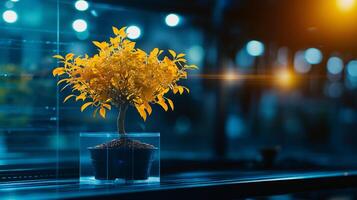 vibrant orange bonsai tree illuminated by blue light, showcasing intricate details and serene atmosphere. plant is displayed in clear pot, emphasizing its beauty photo
