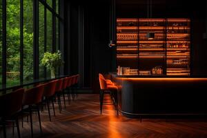 modern bar interior featuring illuminated shelves, velvet seating, and large windows with view of greenery. warm lighting creates inviting atmosphere photo