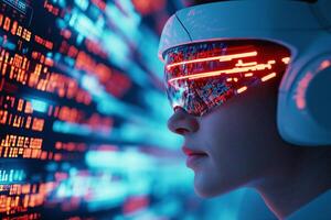 futuristic young person wearing advanced virtual reality goggles, immersed in digital environment filled with vibrant data streams and glowing graphics photo