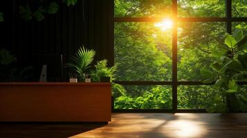 modern office interior with large windows showcasing lush greenery and sunlight. space features wooden furniture and various indoor plants, creating serene atmosphere photo