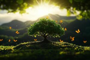 serene bonsai tree stands in lush forest, surrounded by butterflies, illuminated by warm sunset. scene evokes tranquility and harmony with nature photo