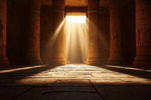 Ancient Egyptian temple interior with illuminated columns and hieroglyphs, showcasing mystical atmosphere. Sunlight streams through entrance, enhancing historical ambiance photo