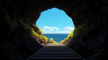stunning cave entrance reveals breathtaking view of ocean and sky, framed by lush greenery and rocky terrain. railway tracks lead towards horizon, inviting exploration photo