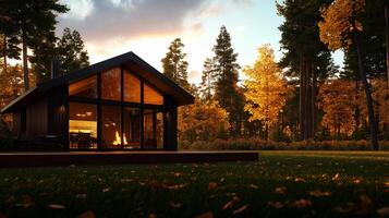 modern black cabin with large glass windows surrounded by autumn trees, showcasing warm glow from interior fireplace. serene landscape evokes cozy atmosphere photo