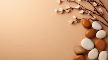 Natural eggs and decorative branches on beige background create serene and calming atmosphere, perfect for spring or Easter themes photo