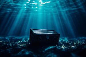 treasure chest resting on ocean floor, illuminated by beams of light filtering through water, creates mysterious and enchanting underwater scene photo