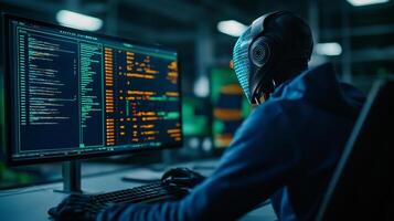 futuristic robot working on computer, displaying complex code and holographic interfaces. scene conveys sense of advanced technology and innovation photo