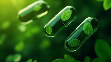 Three transparent green capsule pills with leaves inside, floating in lush green environment, symbolizing natural health and wellness photo