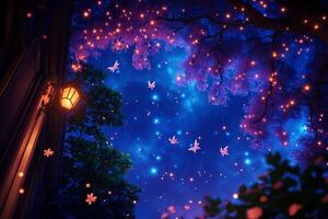 magical night sky filled with glowing stars and whimsical butterflies, surrounded by vibrant trees and soft lights. enchanting atmosphere evokes sense of wonder and tranquility photo