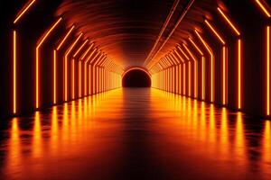 Futuristic corridor with glowing neon lights and reflective floor, creating vibrant atmosphere. design features sleek, modern aesthetic with inviting glow photo