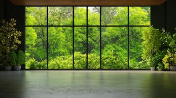 modern interior design featuring empty room with large windows showcasing lush green foliage outside. serene atmosphere invites tranquility and connection with nature photo