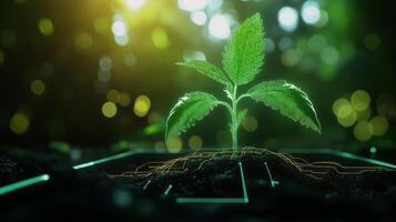 seedling sprouting from soil, symbolizing growth and digital technology. vibrant green leaves contrast with dark earth, illuminated by soft, glowing lights photo