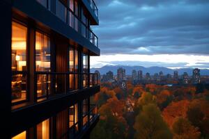 high rise residential building with warm lights, overlooking city skyline at dusk. autumn foliage adds vibrant colors to scene, creating cozy atmosphere photo