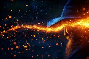 wizard with long beard and hat is casting powerful spell, surrounded by vibrant sparks and glowing energy. scene evokes sense of magic and wonder photo