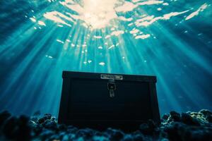 open treasure chest rests on ocean floor, illuminated by sun rays filtering through water, creating serene underwater scene photo