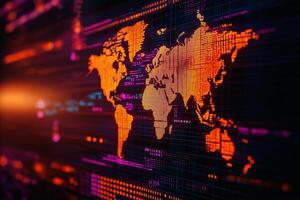 Abstract digital world map with glowing orange continents and technology inspired background. This vibrant design represents global connectivity and data visualization photo