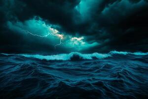 Dramatic stormy sea with dark clouds and lightning illuminating waves, creating powerful and intense atmosphere. Nature fury on display in captivating scene photo