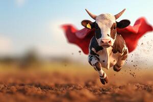 cow wearing red cape runs energetically across dirt field, showcasing whimsical and playful scene. vibrant colors and dynamic motion evoke sense of fun and adventure photo