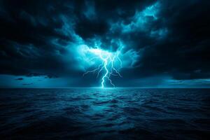 dark stormy sea with dramatic lightning illuminating sky, creating powerful and intense atmosphere. turbulent waves reflect ominous clouds above photo