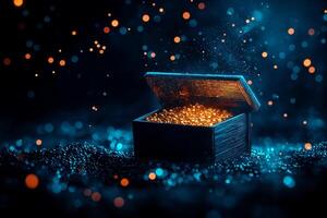 treasure chest filled with gold glimmers in dark, mystical setting, surrounded by sparkling particles and blue glow, evoking sense of wonder and adventure photo