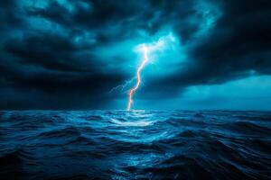 stunning photograph of dark stormy sea with lightning illuminating sky, creating dramatic and intense atmosphere. turbulent wave reflect ominous clouds above photo