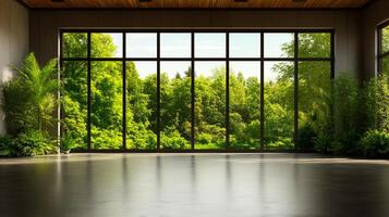 spacious room with large windows showcasing vibrant green landscape outside. natural light floods space, creating serene and inviting atmosphere photo