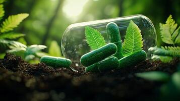 glass container holds green capsules surrounded by lush ferns and soil, symbolizing nature and health. scene evokes sense of tranquility and connection to earth photo