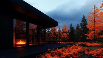 Modern cabin with large glass windows surrounded by vibrant autumn foliage. warm glow of fireplace contrasts with cool evening sky, creating cozy atmosphere in nature photo