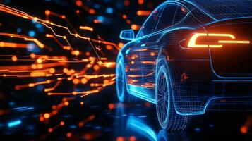 wireframe hologram of electric car with glowing lines, showcasing speed and technology. futuristic design emphasizes innovation and modern transportation photo
