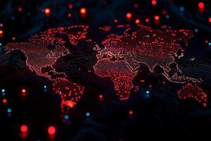 Digital world map with glowing red and blue dots representing technology and cybersecurity. intricate design highlights global connectivity and data flow photo