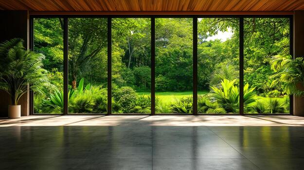 modern interior design featuring large windows that showcase lush green landscape. room is empty, with serene atmosphere created by natural light and surrounding greenery photo