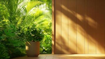 serene modern garden featuring lush greenery and wooden terrace, illuminated by soft sunlight. vibrant plants create tranquil atmosphere, perfect for relaxation photo