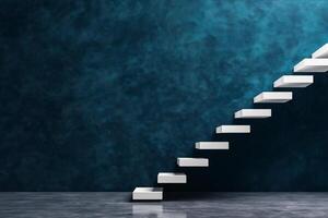 Modern abstract background featuring minimalist staircase against textured blue wall, creating serene and inviting atmosphere photo
