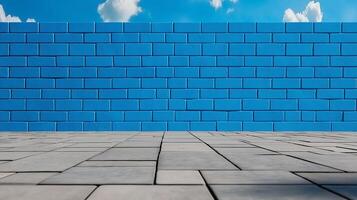 vibrant blue wall stands against clear sky, set on textured concrete floor, creating modern and minimalistic atmosphere photo