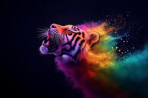 colorful tiger roaring with vibrant splashes of paint in art style, showcasing blend of colors against dark background photo