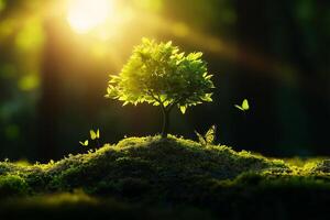 serene tree surrounded by butterflies in sunlit forest, creating magical atmosphere. vibrant green leaves and soft moss enhance enchanting scene photo