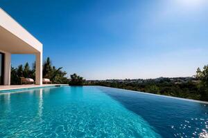 Modern villa with stunning infinity pool and clear blue sky, surrounded by lush greenery, creating serene and luxurious atmosphere photo