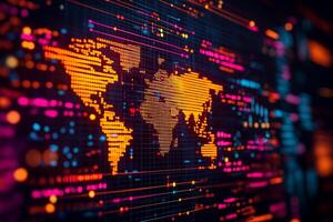 Digital world map with global connectivity, vibrant colors, and network patterns. This represents interconnectedness of technology and information photo